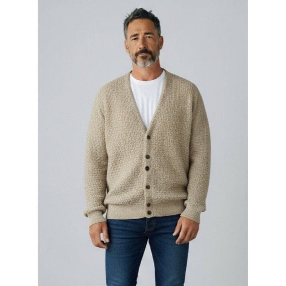 Vintage Isle of Cotton Mens Cardigan Sweater M Beige Textured Grandpacore Grunge
